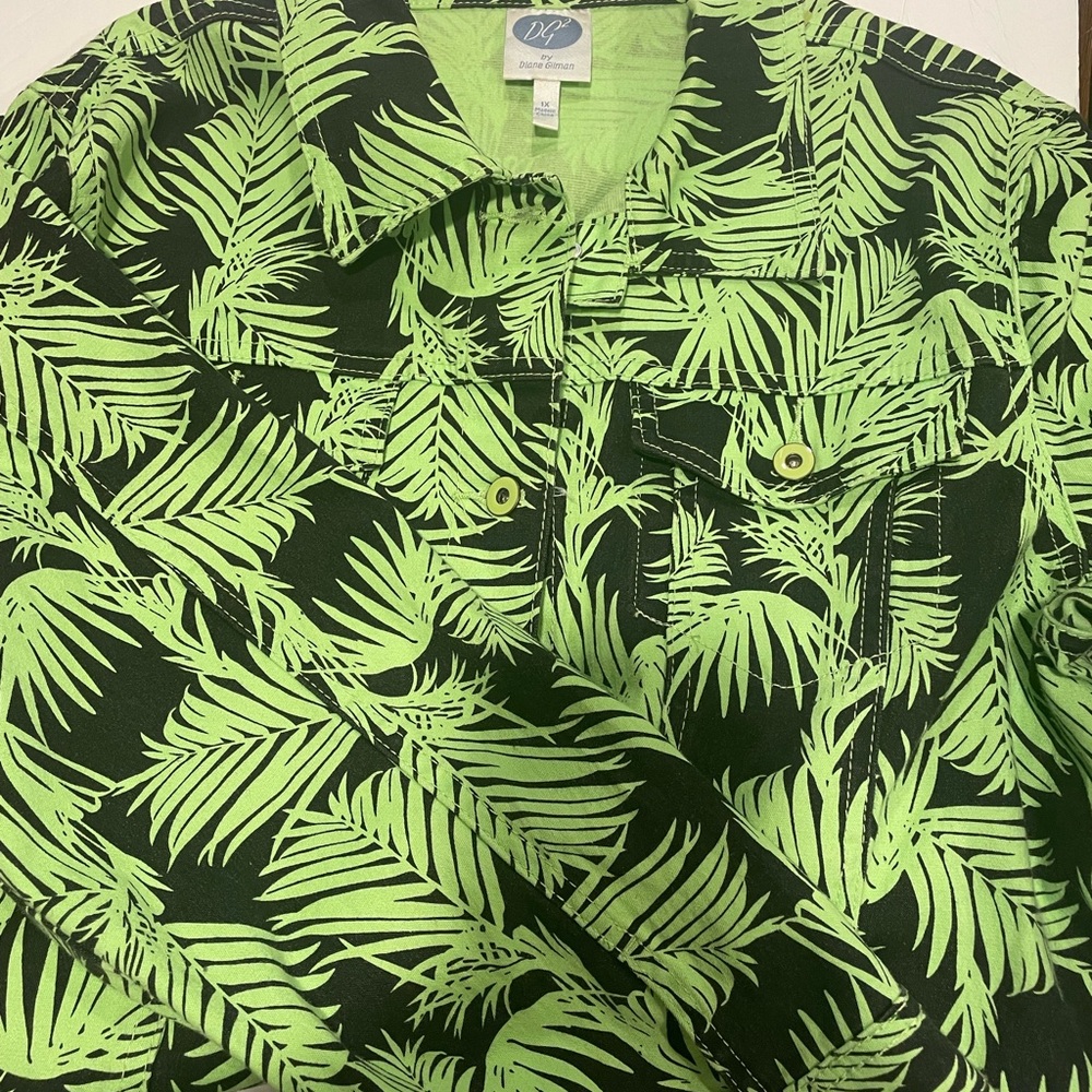 DG2 Diane Gilman Tropical Palm Print Jean Jacket plus size 1X